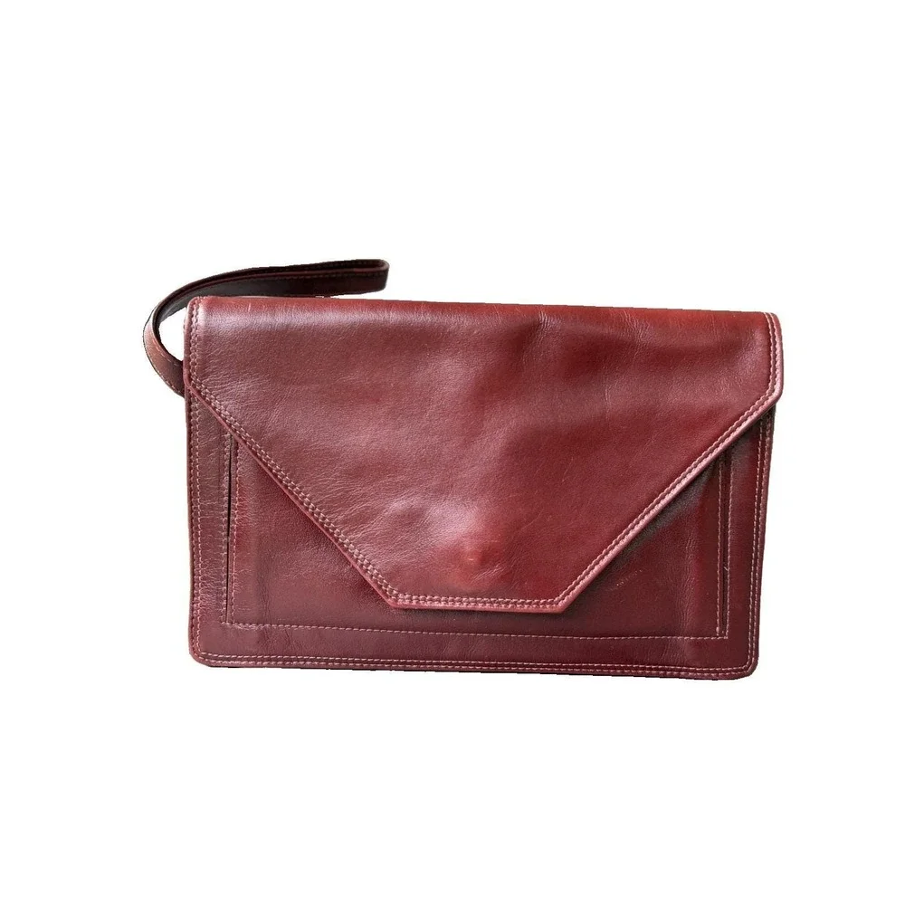 Vintage Leather Envelope Clutch W/ Wrist Strap Brown Minimalist Y2K